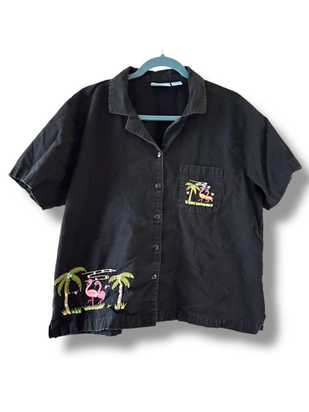 Vintage Jane Ashley Black Flamingo Embroidered Button Up Shirt Women’s Size XL